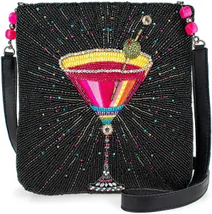 Mary Frances Up and Up Beaded Crossbody Handbag Embroidered Martini Glass Evening Clutch Purse with Removable Strap, Pink
