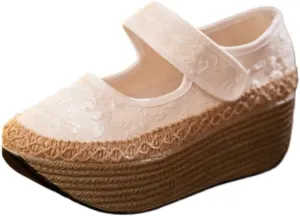 Mary Jane Espadrilles for Women Rattan Wedge Sandals Platform Ballet Flats Raffia No Slip Thick Sole Round Toes Low Top Hook and Loop Strap Lightweight Breathable Casual Dress Shoes Party Vacation