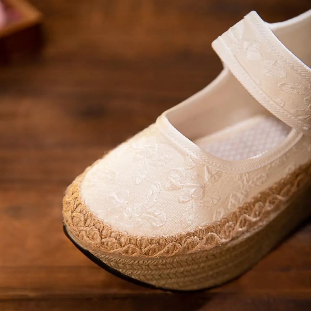 Mary Jane Espadrilles for Women Rattan Wedge Sandals Platform Ballet Flats Raffia No Slip Thick Sole Round Toes Low Top Hook and Loop Strap Lightweight Breathable Casual Dress Shoes Party Vacation