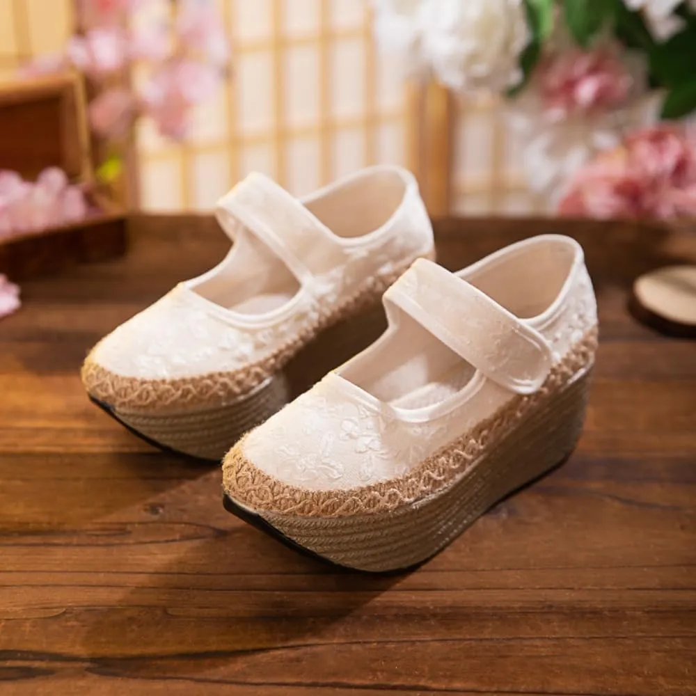 Mary Jane Espadrilles for Women Rattan Wedge Sandals Platform Ballet Flats Raffia No Slip Thick Sole Round Toes Low Top Hook and Loop Strap Lightweight Breathable Casual Dress Shoes Party Vacation