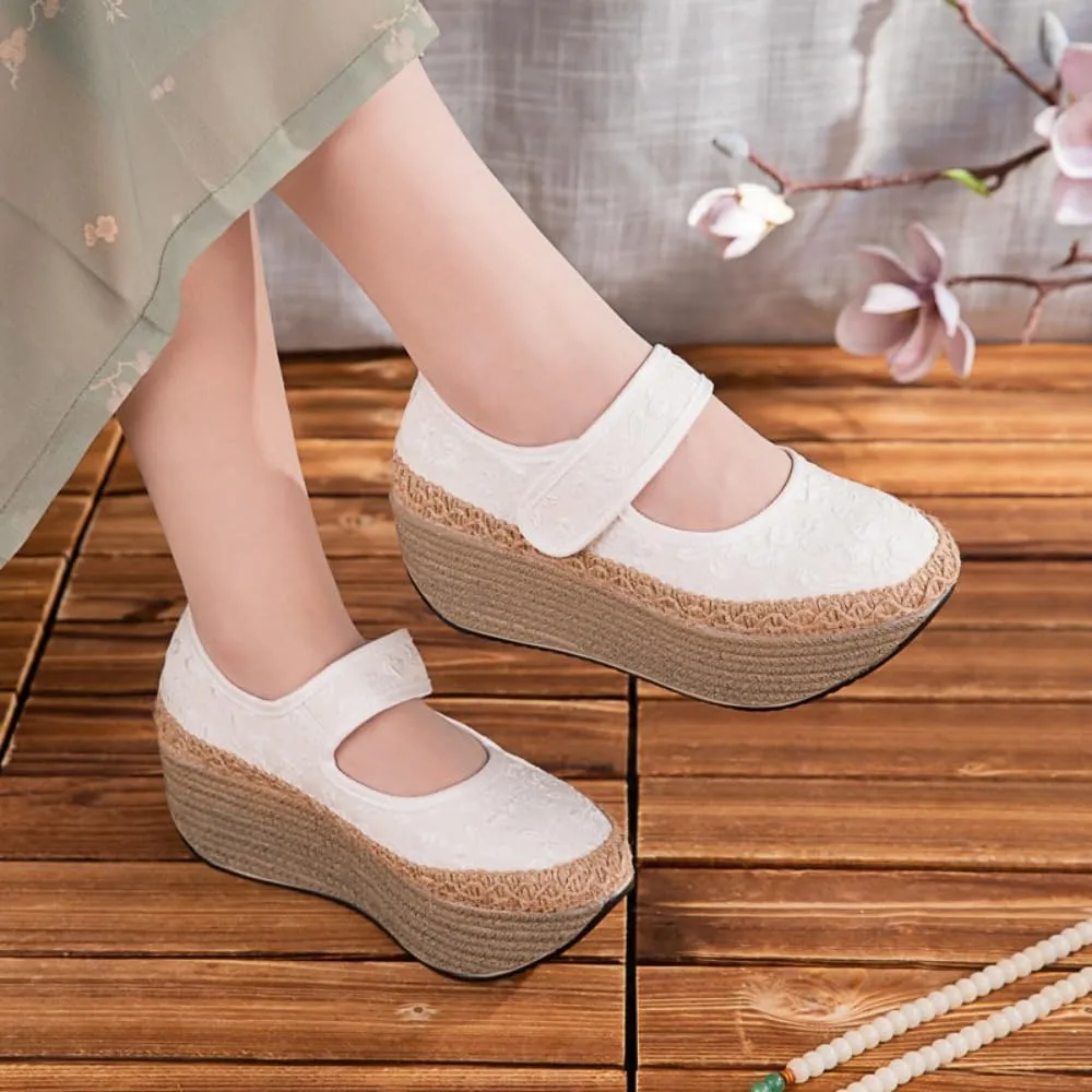 Mary Jane Espadrilles for Women Rattan Wedge Sandals Platform Ballet Flats Raffia No Slip Thick Sole Round Toes Low Top Hook and Loop Strap Lightweight Breathable Casual Dress Shoes Party Vacation