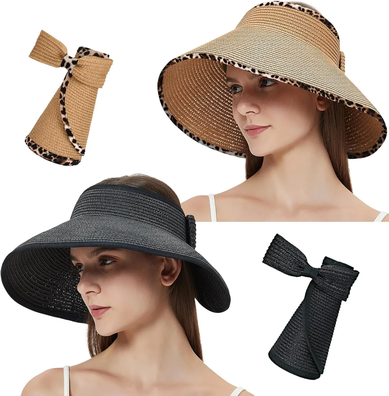 MAYLISACC Foldable Straw Sun Visors for Women, Sun Protecetion Wide Brim Sun Hats Adjustable Topless Beach Hat