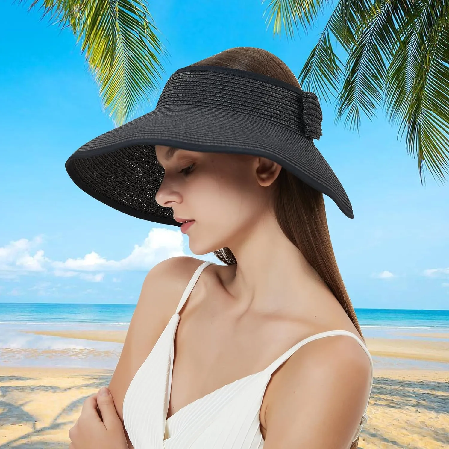 MAYLISACC Foldable Straw Sun Visors for Women, Sun Protecetion Wide Brim Sun Hats Adjustable Topless Beach Hat