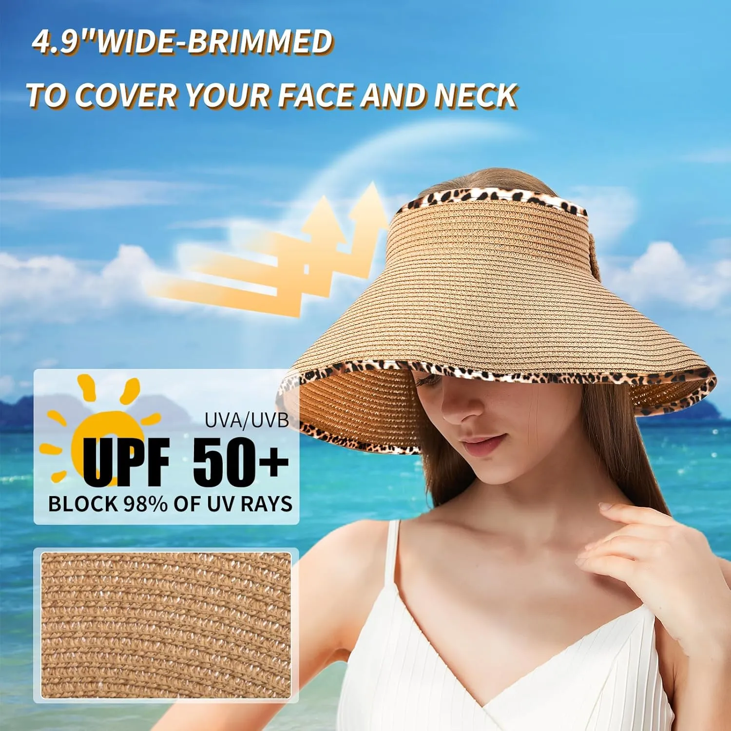 MAYLISACC Foldable Straw Sun Visors for Women, Sun Protecetion Wide Brim Sun Hats Adjustable Topless Beach Hat