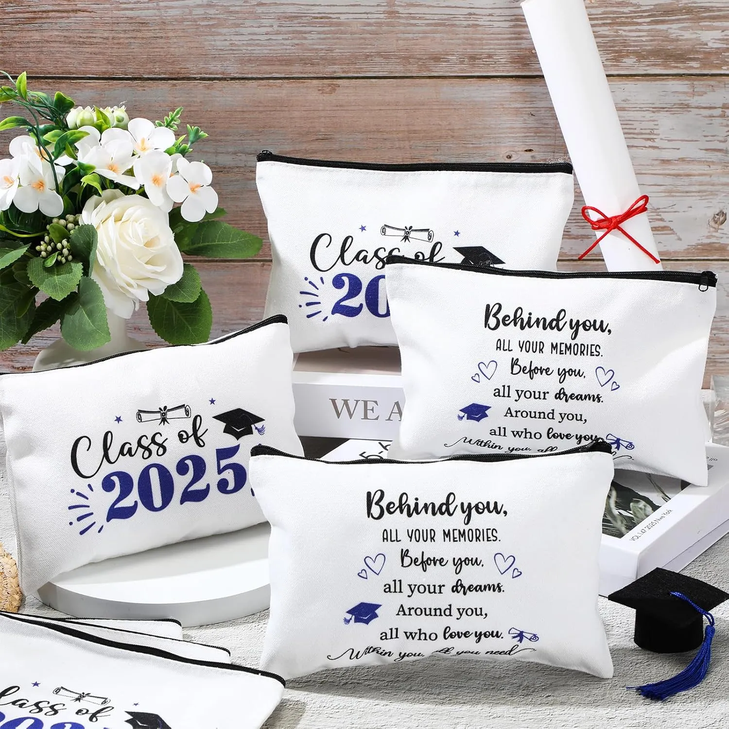 Meanplan 20 Pcs Graduation Gifts for Her Class of 2025 Makeup Bag Bulk Inspirational Congratulations Graduate Canvas Cosmetic Gift Bag for Women Nurse College Student(Blue)