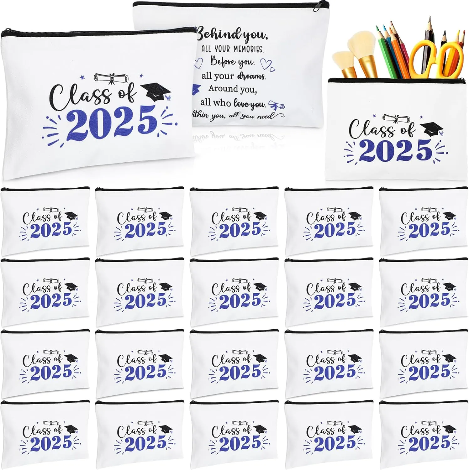 Meanplan 20 Pcs Graduation Gifts for Her Class of 2025 Makeup Bag Bulk Inspirational Congratulations Graduate Canvas Cosmetic Gift Bag for Women Nurse College Student(Blue)