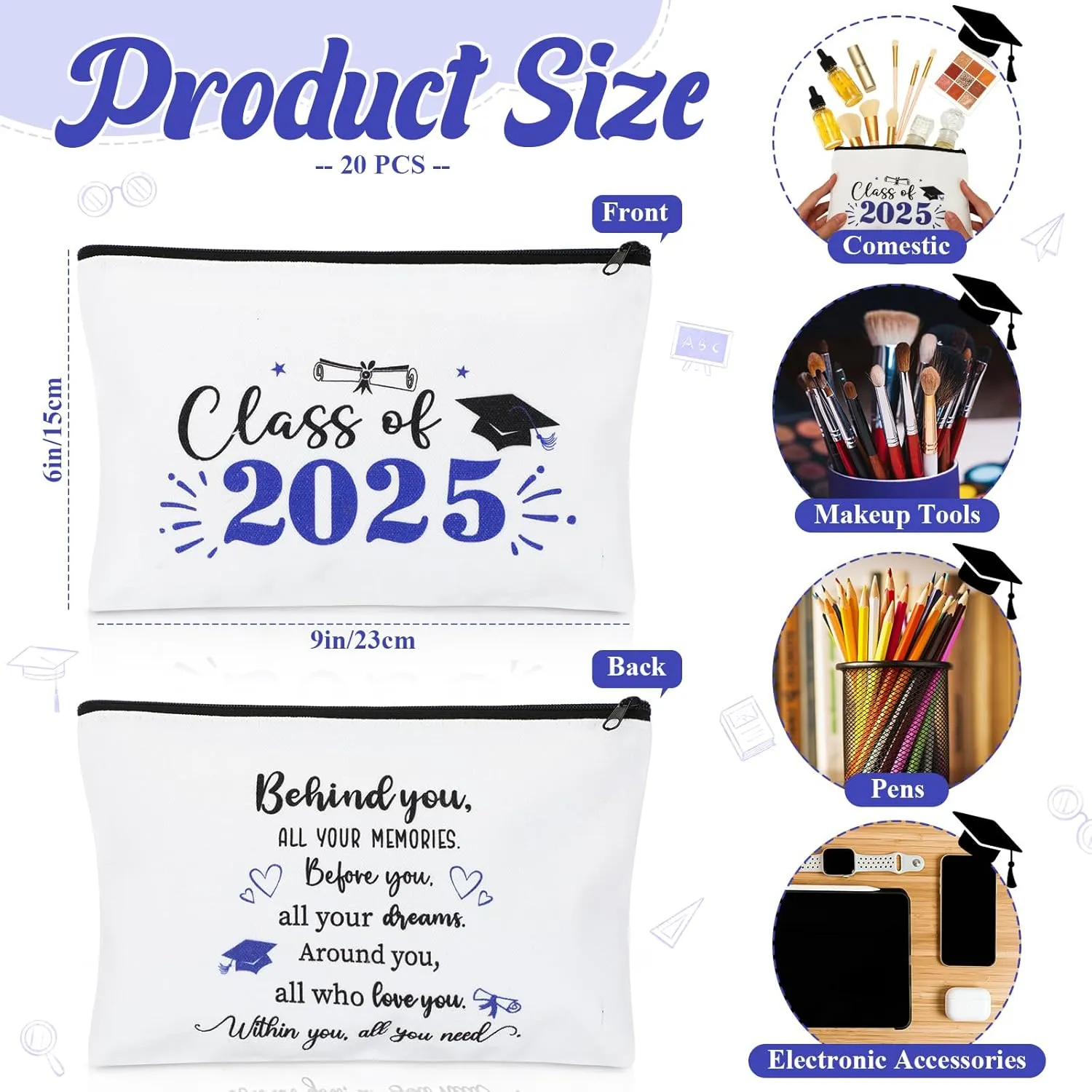 Meanplan 20 Pcs Graduation Gifts for Her Class of 2025 Makeup Bag Bulk Inspirational Congratulations Graduate Canvas Cosmetic Gift Bag for Women Nurse College Student(Blue)