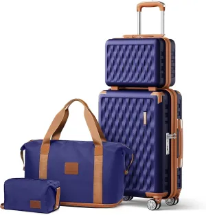 Melalenia Luggage Set 4 Piece Carry On, Hardside Suitcase with TSA Lock and Spinner Wheels, Carry-On Ailline Approved, Navy Brown