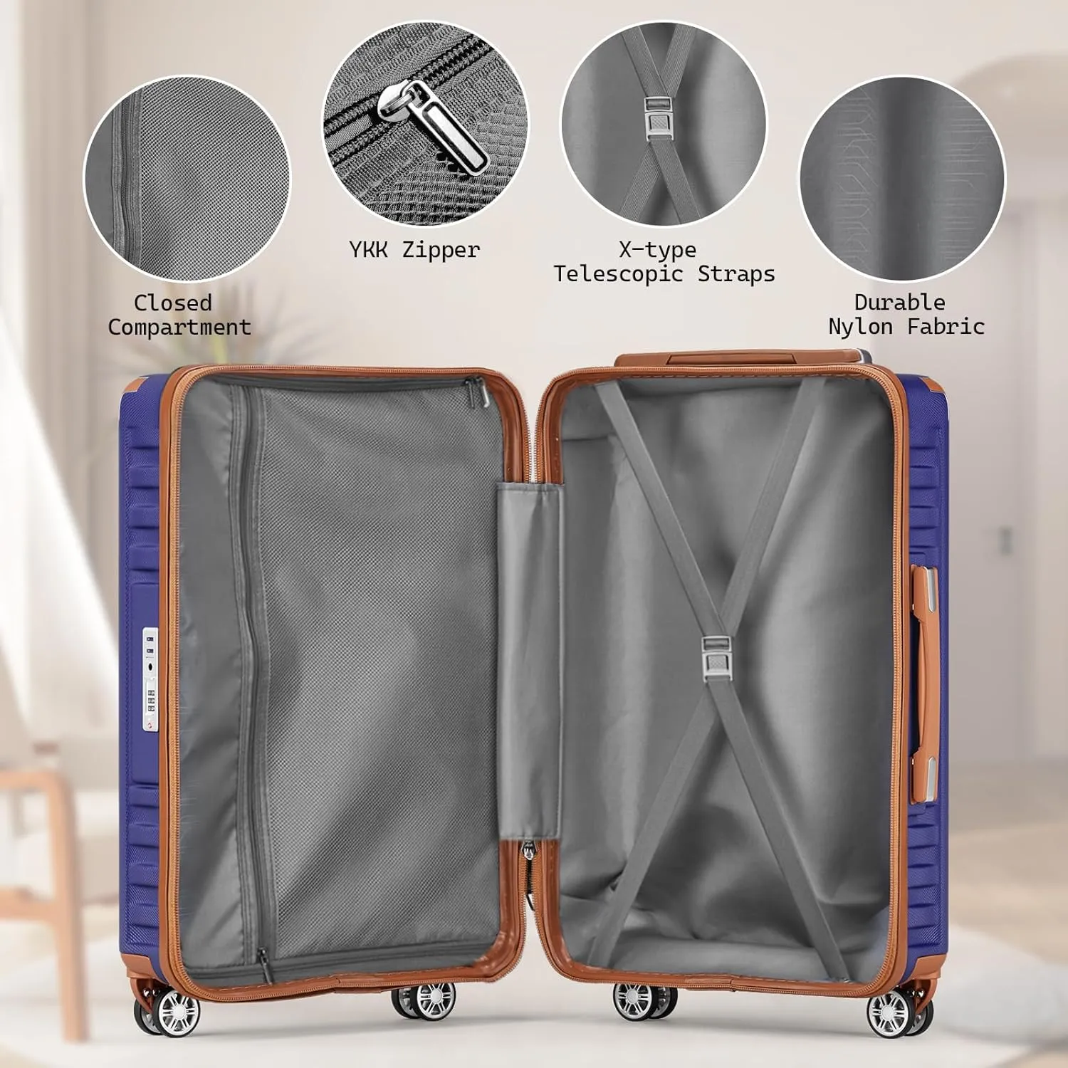 Melalenia Luggage Set 4 Piece Carry On, Hardside Suitcase with TSA Lock and Spinner Wheels, Carry-On Ailline Approved, Navy Brown