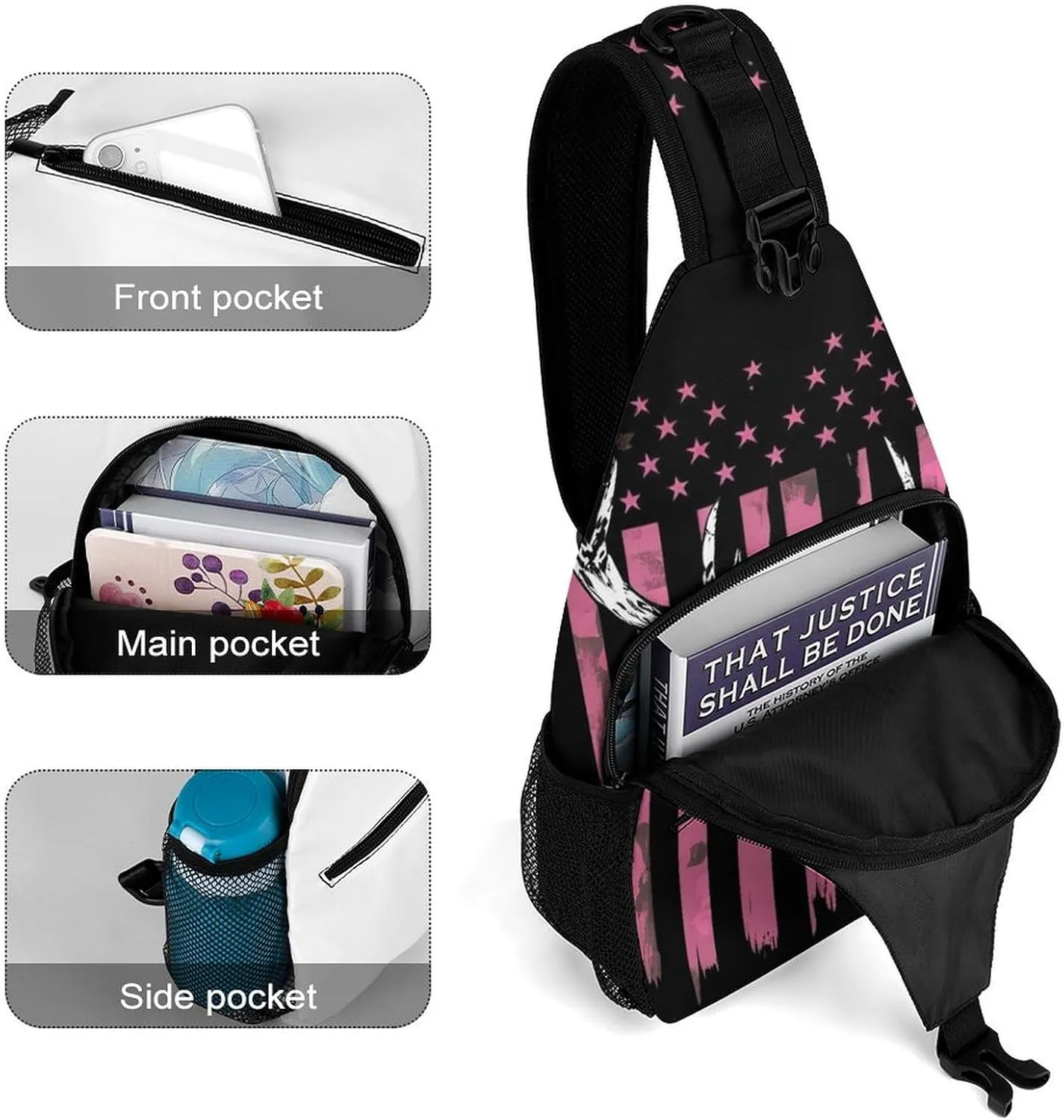 Men & Women Sling Backpack Outdoor Sport Daypack Travel Bag - Multipurpose Anti-Theft Carry On Bag, Breathable Chest Sling Shoulder Backpacks Bags, American Flag Camo Deer Hunting Pink Camouflage