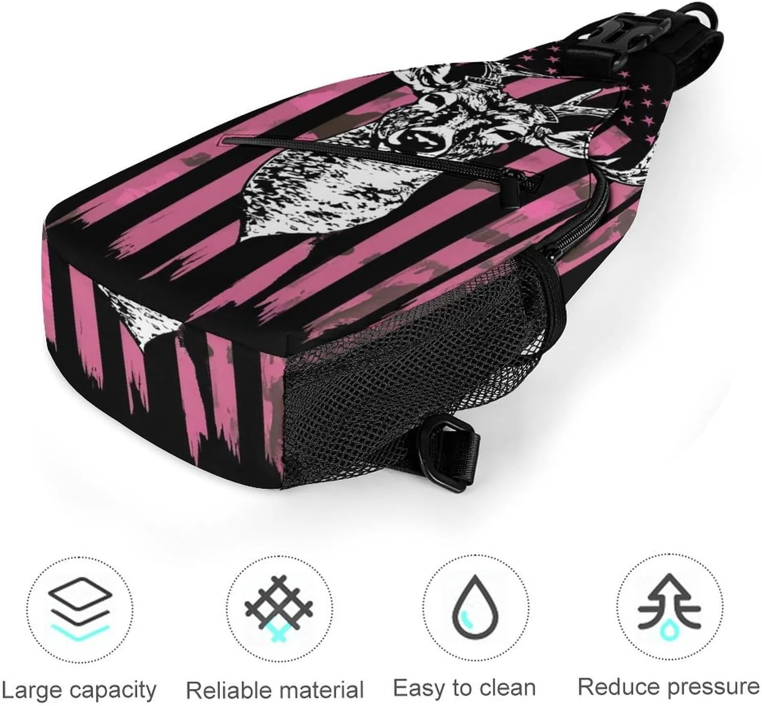 Men & Women Sling Backpack Outdoor Sport Daypack Travel Bag - Multipurpose Anti-Theft Carry On Bag, Breathable Chest Sling Shoulder Backpacks Bags, American Flag Camo Deer Hunting Pink Camouflage