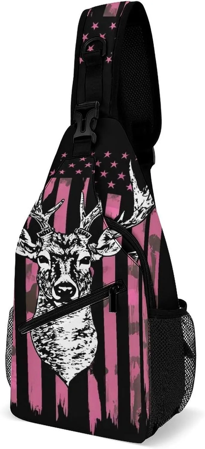 Men & Women Sling Backpack Outdoor Sport Daypack Travel Bag - Multipurpose Anti-Theft Carry On Bag, Breathable Chest Sling Shoulder Backpacks Bags, American Flag Camo Deer Hunting Pink Camouflage