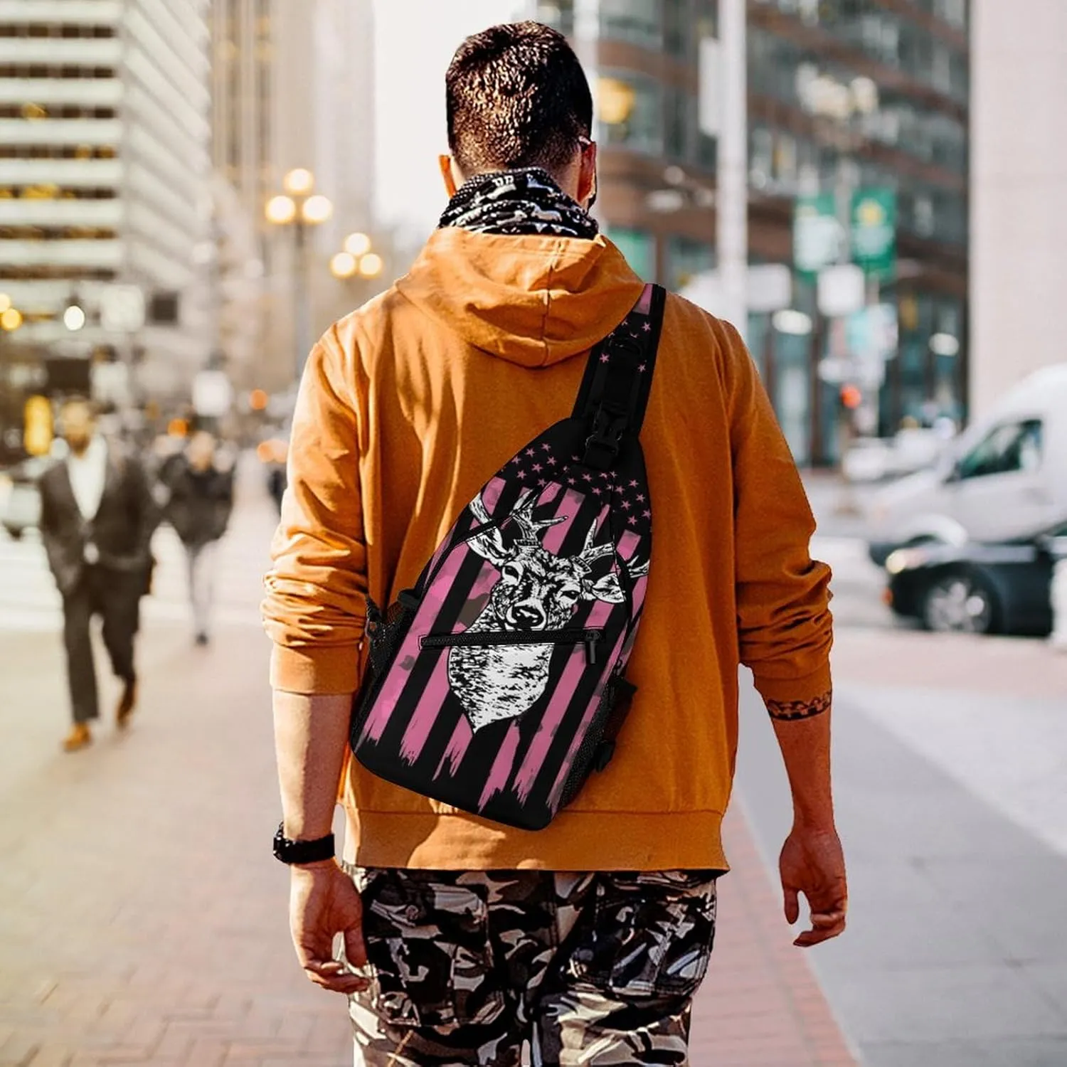 Men & Women Sling Backpack Outdoor Sport Daypack Travel Bag - Multipurpose Anti-Theft Carry On Bag, Breathable Chest Sling Shoulder Backpacks Bags, American Flag Camo Deer Hunting Pink Camouflage