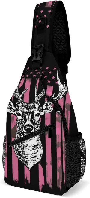 Men & Women Sling Backpack Outdoor Sport Daypack Travel Bag - Multipurpose Anti-Theft Carry On Bag, Breathable Chest Sling Shoulder Backpacks Bags, American Flag Camo Deer Hunting Pink Camouflage