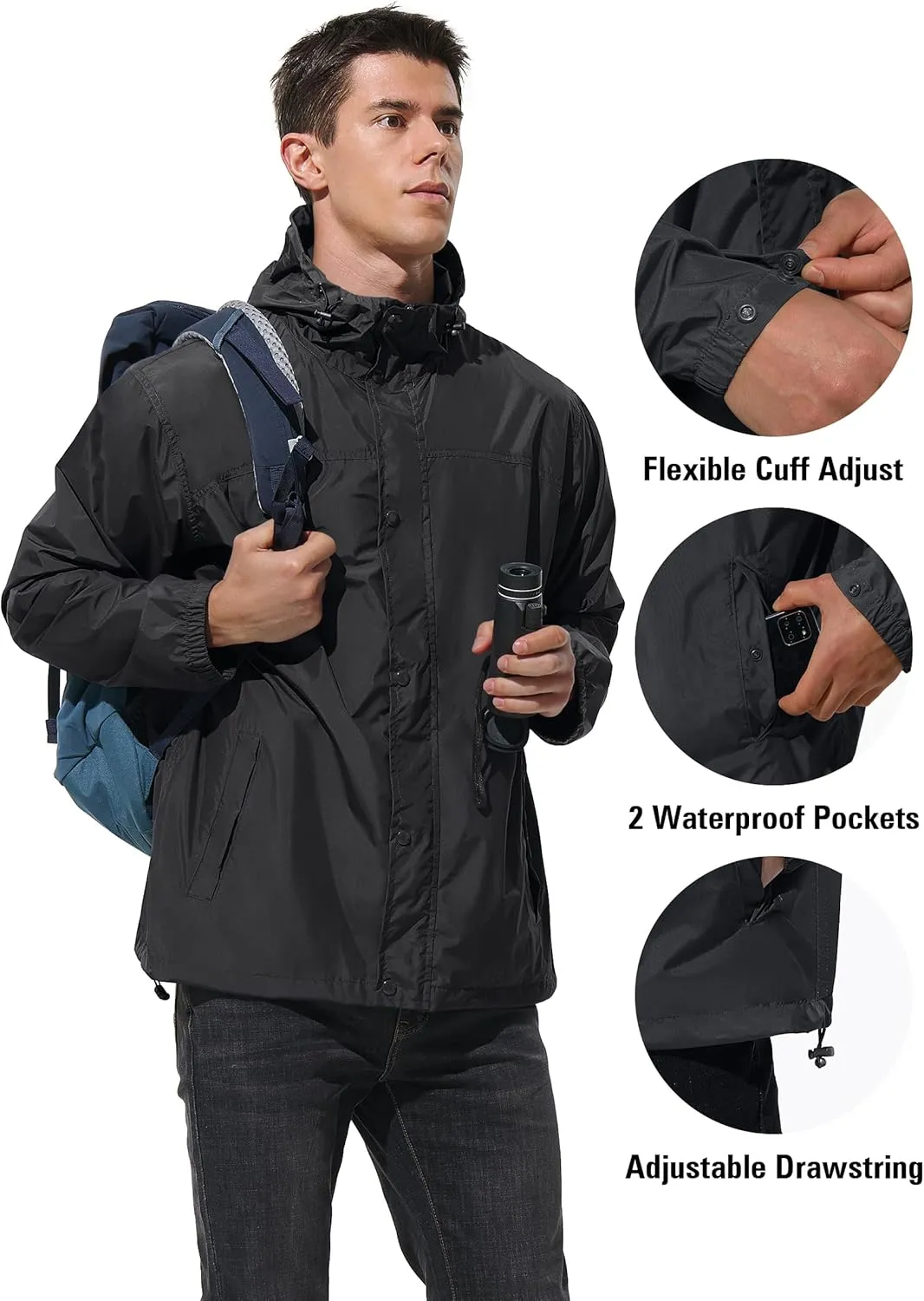 Mens Lightweight Rain Jacket Waterproof Windbreaker Packable Rain Coat with Hood for Golf Running Hiking Travel