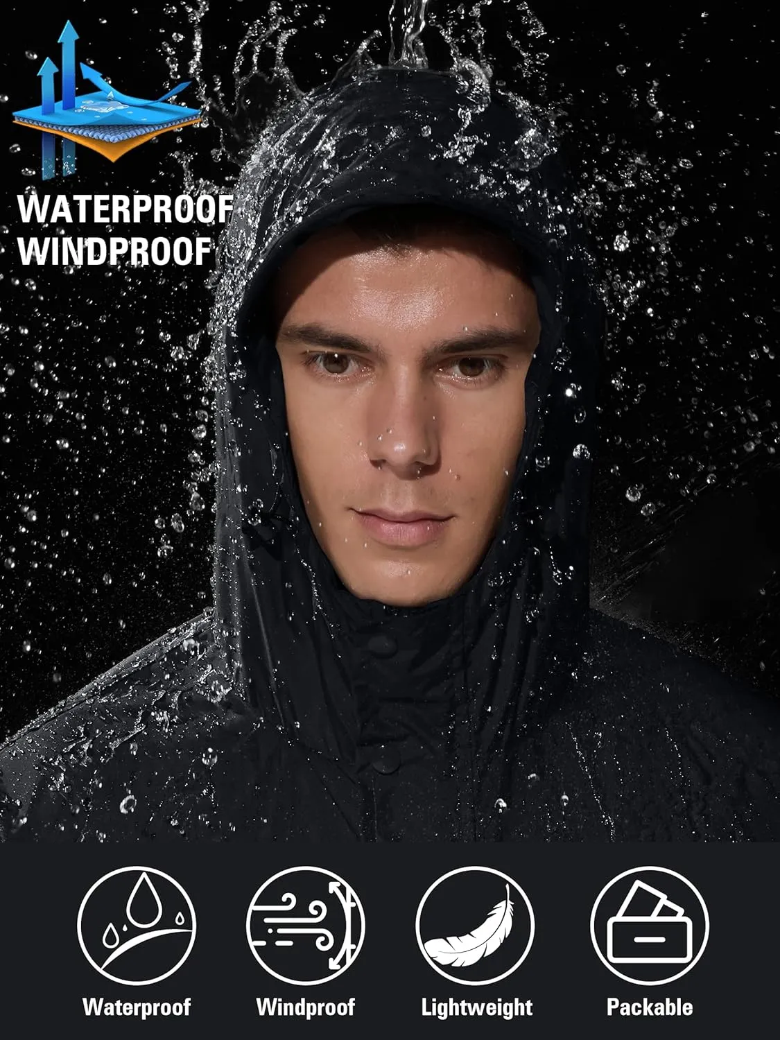 Mens Lightweight Rain Jacket Waterproof Windbreaker Packable Rain Coat with Hood for Golf Running Hiking Travel
