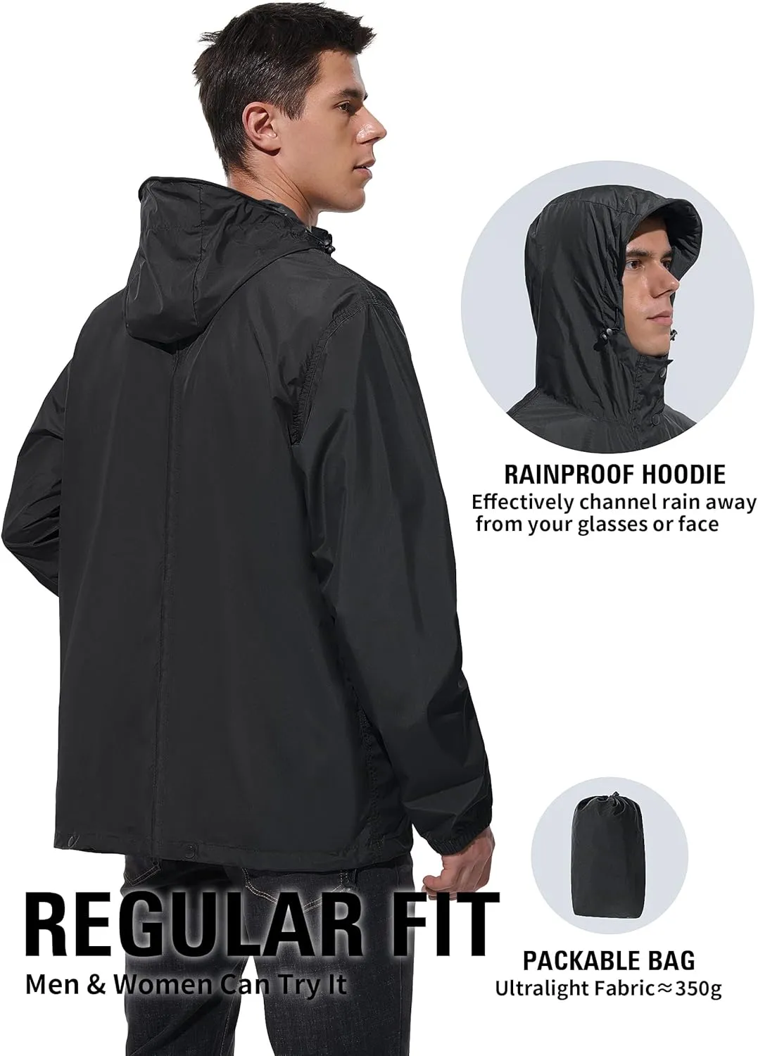 Mens Lightweight Rain Jacket Waterproof Windbreaker Packable Rain Coat with Hood for Golf Running Hiking Travel