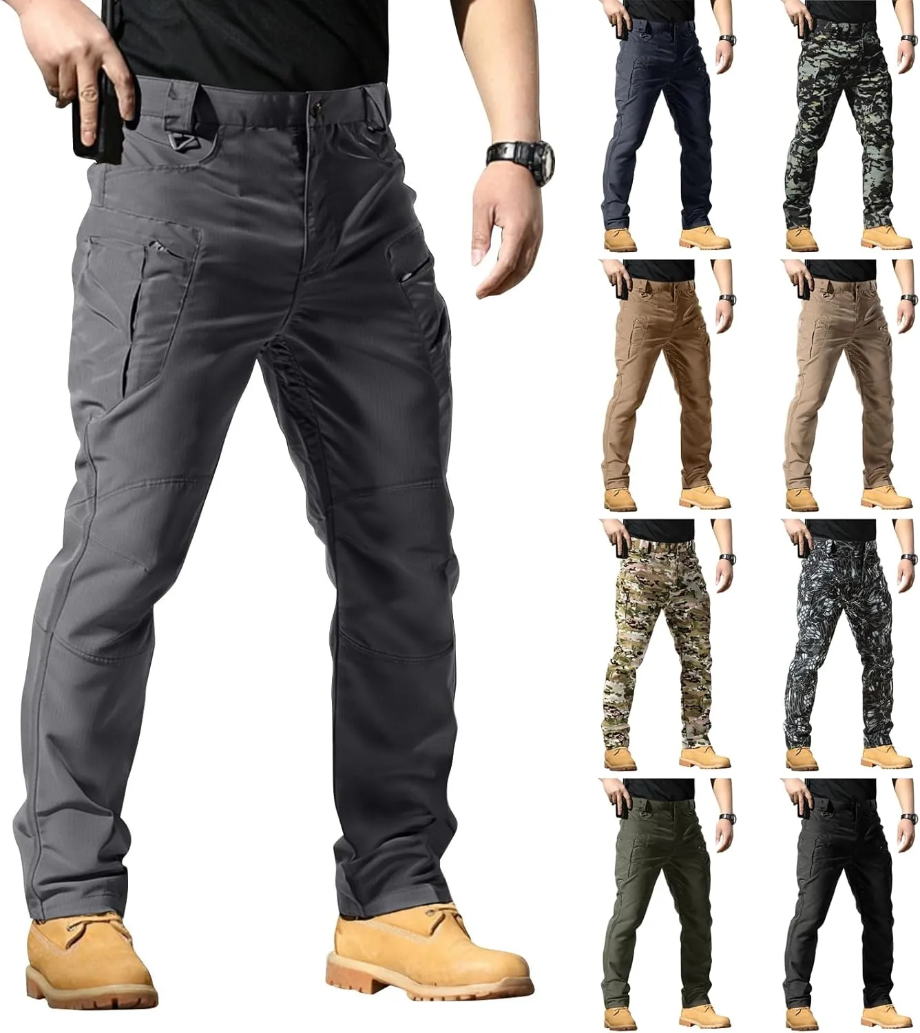 Mens Tactical Pants Waterproof Ripstop Baggy Camo Cargo Pants Quick Dry Hiking Carpenter Work Pant Multi Pockets