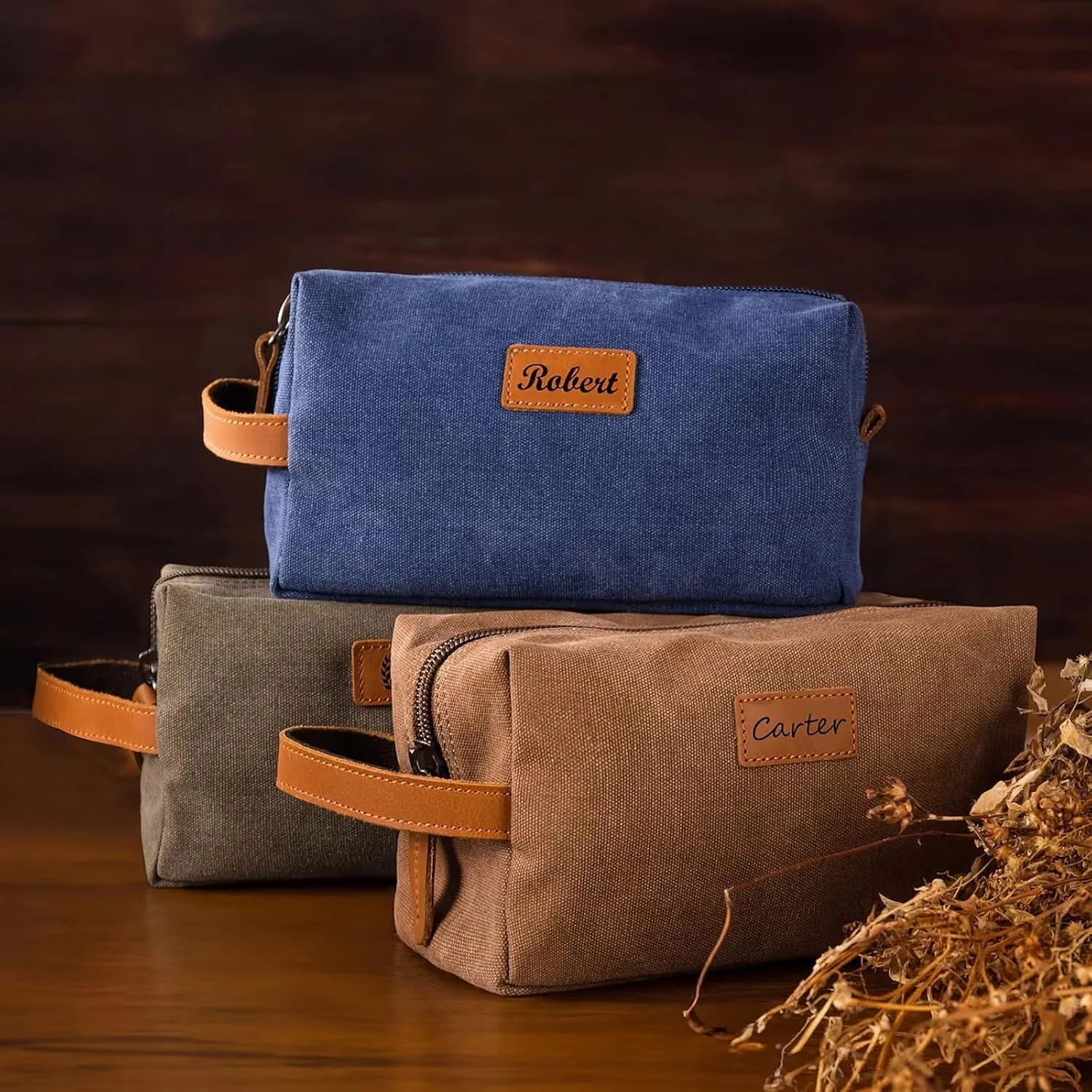 Mens Toiletry Bag, Snirov Personalized Travel Toiletry Bag for Men Engraved Name Canvas Handcrafted Toiletry Bag for Husband Dad Boy Friend Fathers Day Gifts