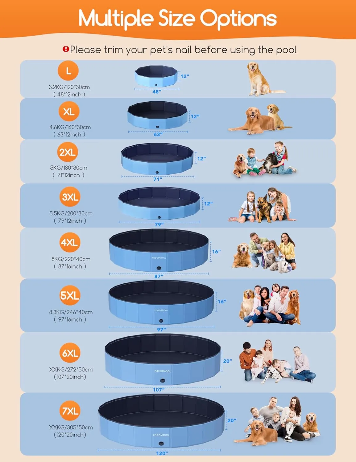 Meowant Foldable Dog Pools for Large Dogs, Hard Plastic Kiddie Pool Dog Swimming, Collapsible Pet Bath Pool, Portable Kids Pool for Extra Large Dogs (XXXL-79'' × 12'')
