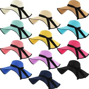 Mepase 12 Pcs Women Wide Brim Straw Sun Hats Summer Beach Hat Big Floppy Foldable Roll up Travel Hat UPF 50 (Bright Color, Cute Style) Multi Colors