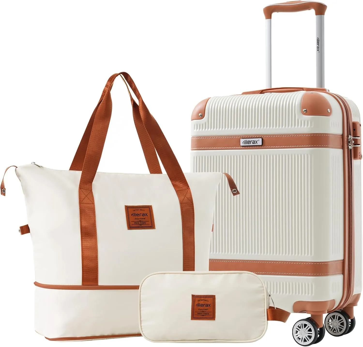 Merax 20-Inch Carry On Luggage Lightweight Suitcase Spinner Wheels, TSA Lock, Collision-Protection Angle (White), 3-Piece Set