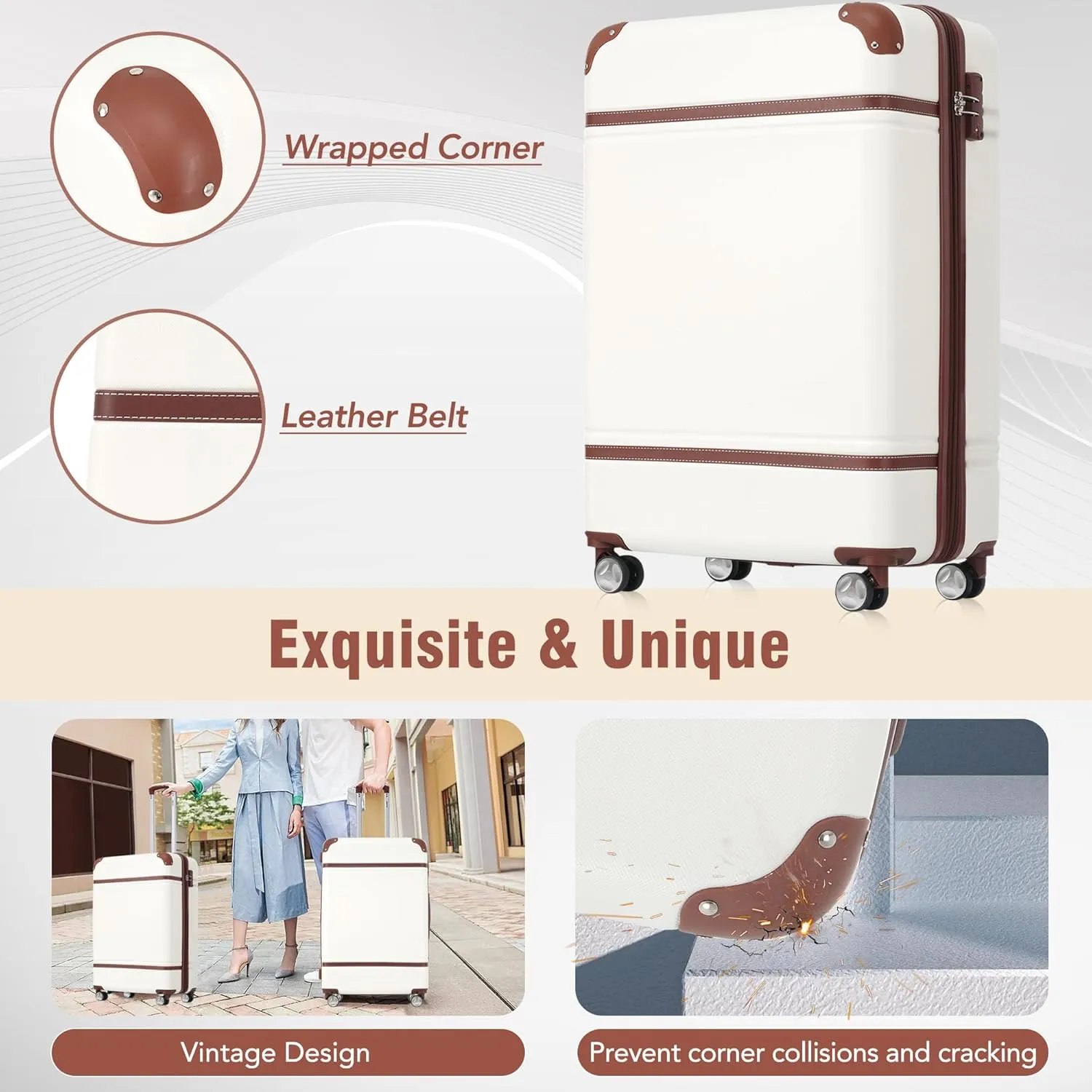 Merax Carry On Luggage 20 Inch Suitcase with Spinner Wheels, Hard Shell Vintage Luggage Set with Duffel Bag (White)