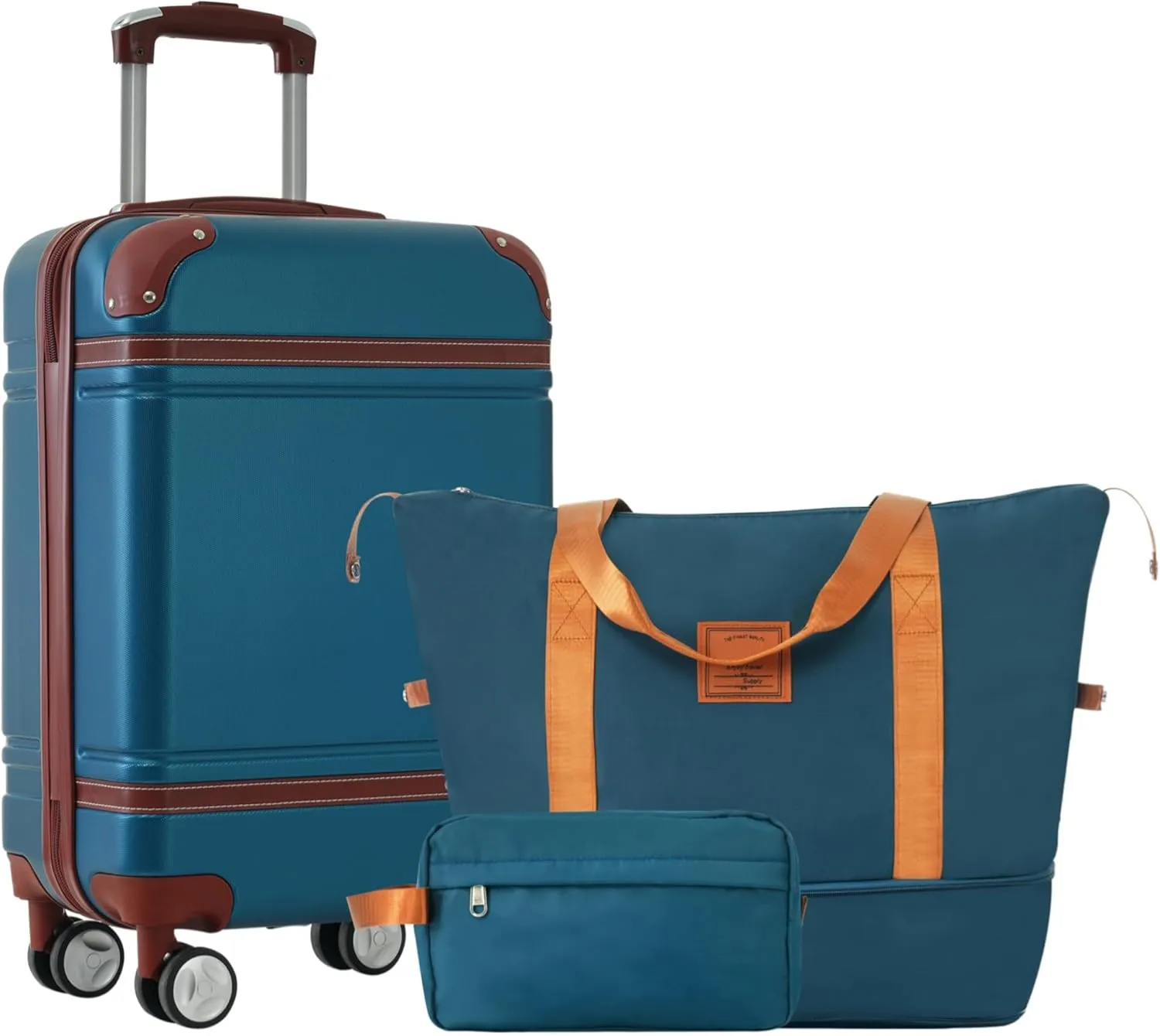 Merax Luggage Set 20-Inch Hardshell Carry-On Suitcase with TSA Lock Double Spinner Wheels Travel Duffel Bag with Trolley Sleeve Toiletry Bag Lightweight Travel Set (Blue, 3PC(1 Suitcase&2 Bags))