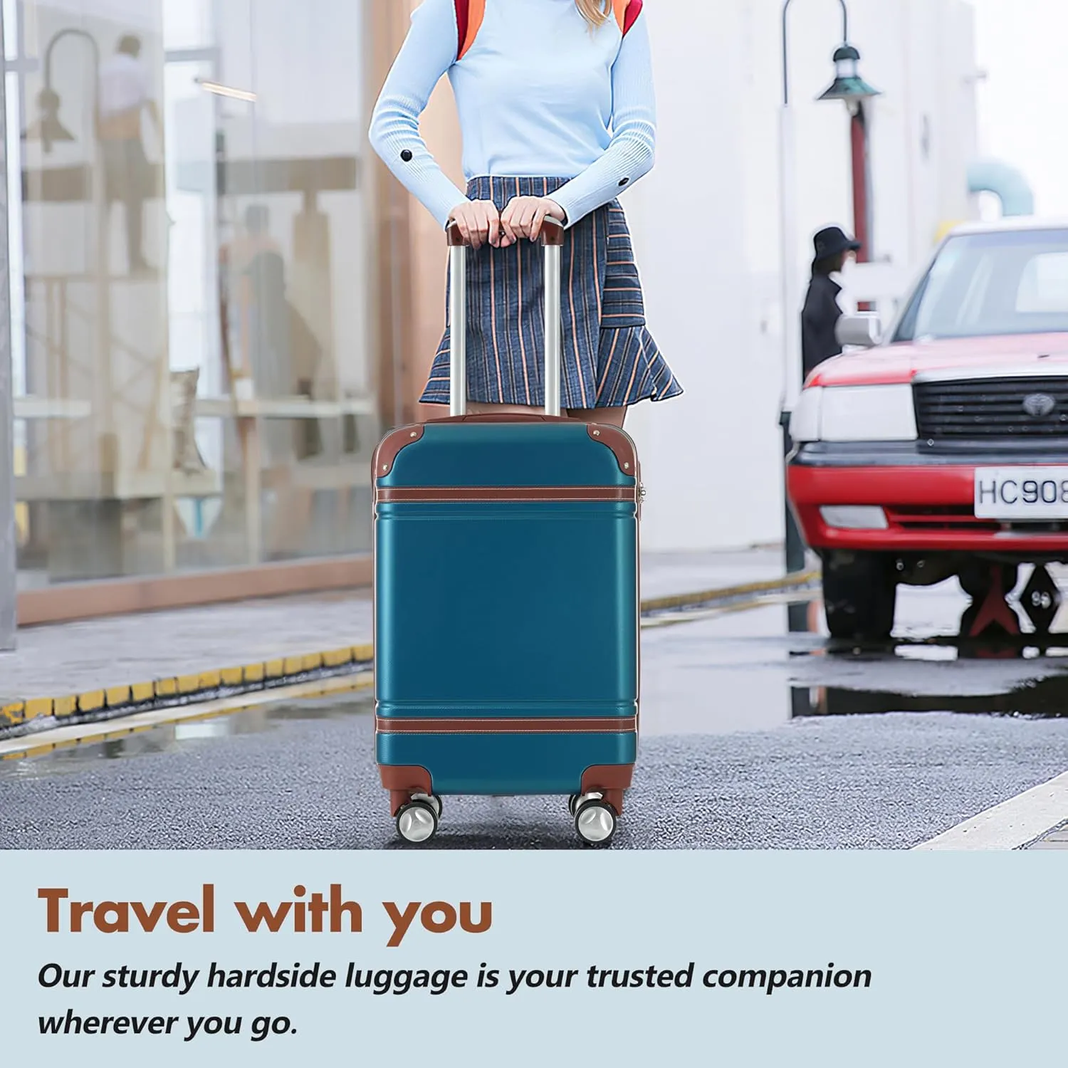 Merax Luggage Set 20-Inch Hardshell Carry-On Suitcase with TSA Lock Double Spinner Wheels Travel Duffel Bag with Trolley Sleeve Toiletry Bag Lightweight Travel Set (Blue, 3PC(1 Suitcase&2 Bags))
