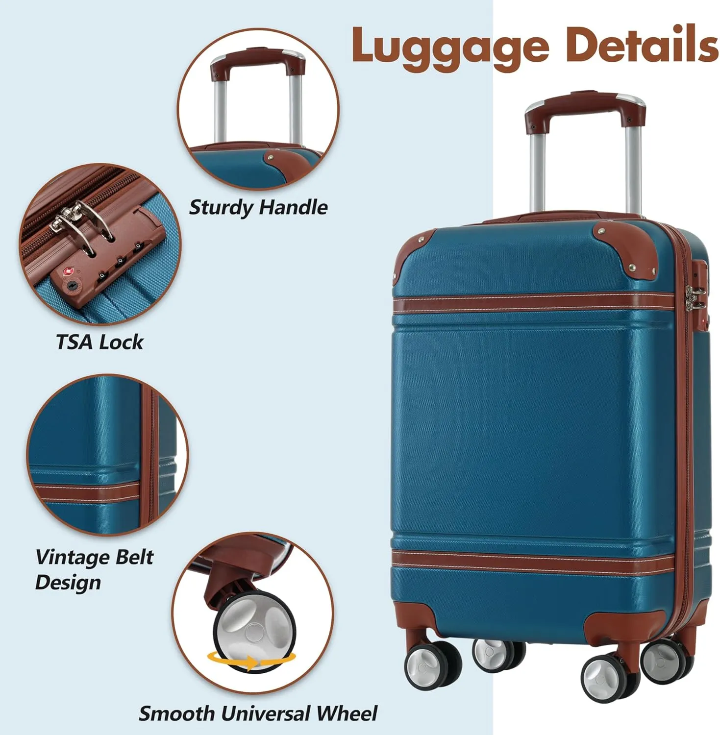 Merax Luggage Set 20-Inch Hardshell Carry-On Suitcase with TSA Lock Double Spinner Wheels Travel Duffel Bag with Trolley Sleeve Toiletry Bag Lightweight Travel Set (Blue, 3PC(1 Suitcase&2 Bags))