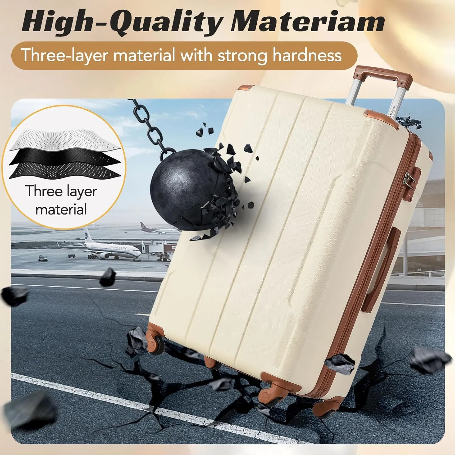 Merax Luggage Set 6 Piece Expandable Lightweight ABS Hardshell Suitcases with Wheels, Corner Guards (White Brown, 6 piece set)