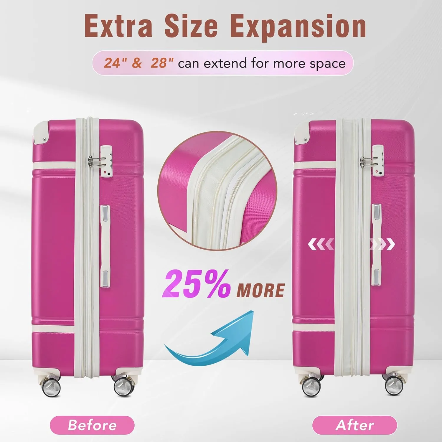 Merax Luggage Set Hardshell Carry-On Suitcase with TSA Lock Double Spinner Wheels Travel Duffel Bag with Trolley Sleeve Toiletry Bag Lightweight Travel Set (Pink, 3PC (20" 24" Cosmetic Case))
