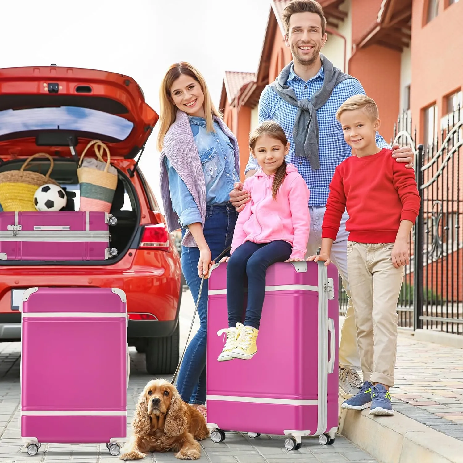Merax Luggage Set Hardshell Carry-On Suitcase with TSA Lock Double Spinner Wheels Travel Duffel Bag with Trolley Sleeve Toiletry Bag Lightweight Travel Set (Pink, 3PC (20" 24" Cosmetic Case))