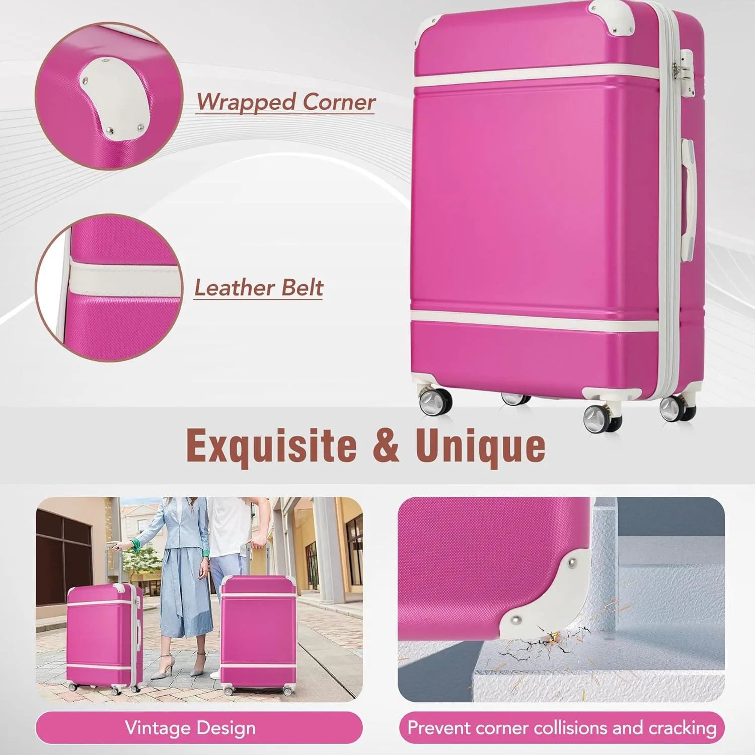 Merax Luggage Set Hardshell Carry-On Suitcase with TSA Lock Double Spinner Wheels Travel Duffel Bag with Trolley Sleeve Toiletry Bag Lightweight Travel Set (Pink, 3PC (20" 24" Cosmetic Case))