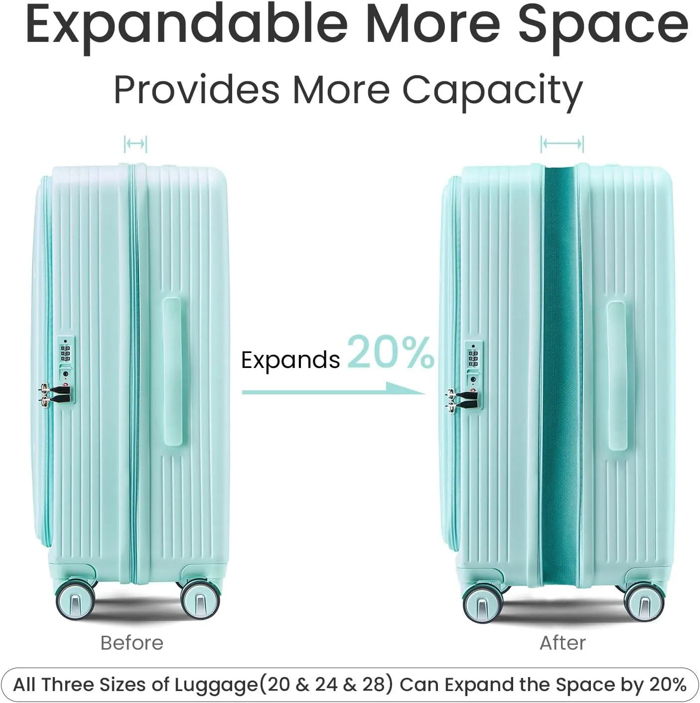 Merax Luggage Sets 3 Piece,Front Open PC Hardshell Expandable Carry on Suitcase with Spinner Wheels and TSA Lock,Lightweight 20in/24in/28in Luggage,Mint Green