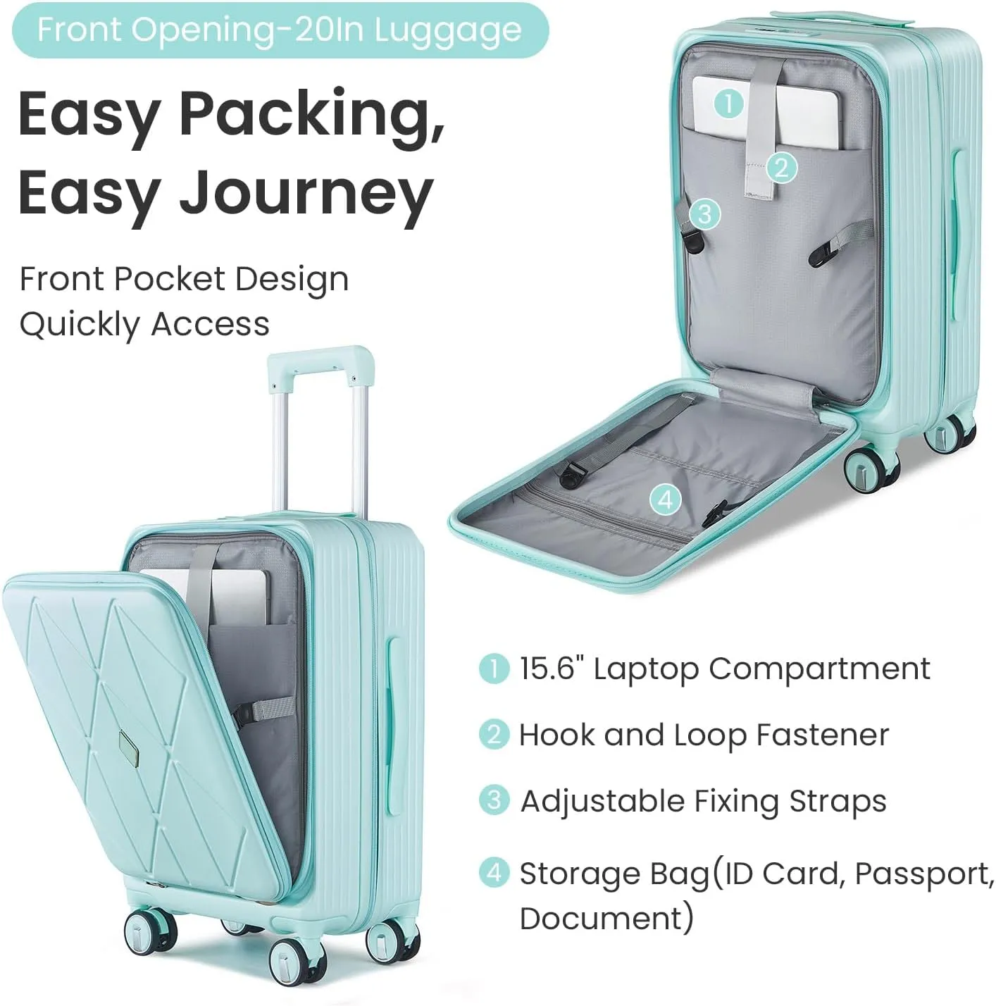 Merax Luggage Sets 3 Piece,Front Open PC Hardshell Expandable Carry on Suitcase with Spinner Wheels and TSA Lock,Lightweight 20in/24in/28in Luggage,Mint Green
