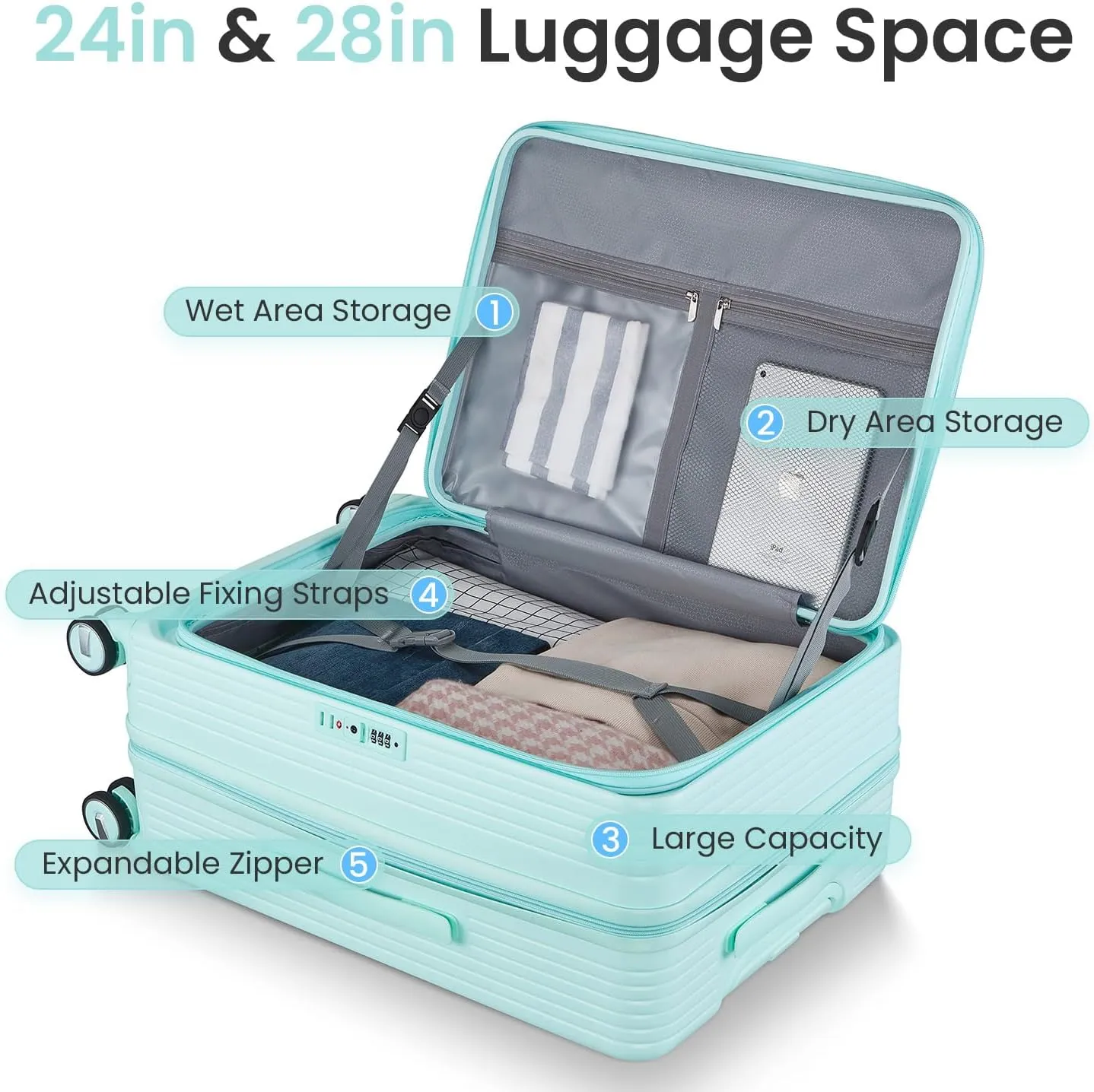 Merax Luggage Sets 3 Piece,Front Open PC Hardshell Expandable Carry on Suitcase with Spinner Wheels and TSA Lock,Lightweight 20in/24in/28in Luggage,Mint Green