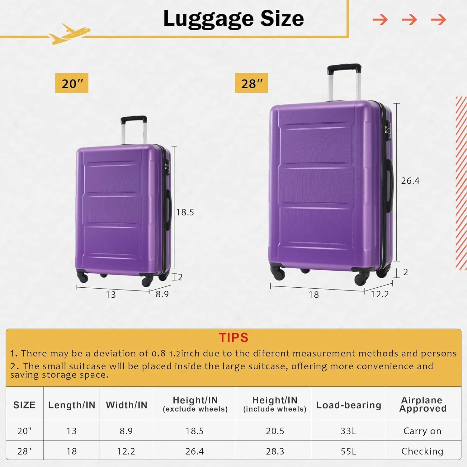 Merax Luggage Sets 4 Piece Suitcase Set, Expandable Hardside 20 IN & 28 IN Suitcase Set with Duffel Bag, Lightweight Travel Luggage with Spinner Wheels and TSA Lock(Purple)