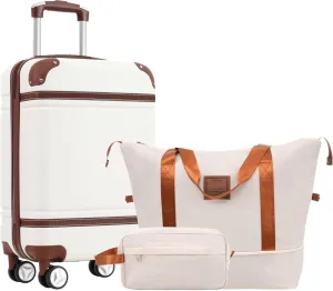 Merax Set 20 in Hardside Suitcase Luggage with Spinner Wheels, White, 20 Inch & Duffel Bag