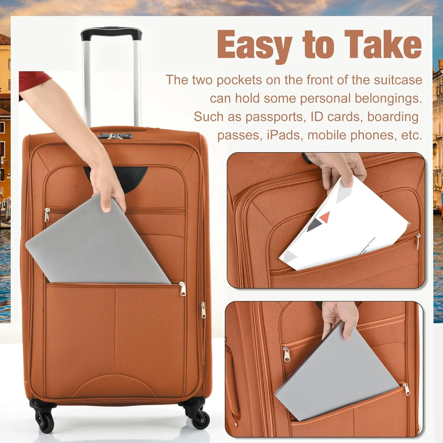 Merax Softside Luggage Set 3 Piece Suitcase with Duffel Bag Spinner Wheels Lightweight Expandable Travel Luggage 22" 26" 30",Orange