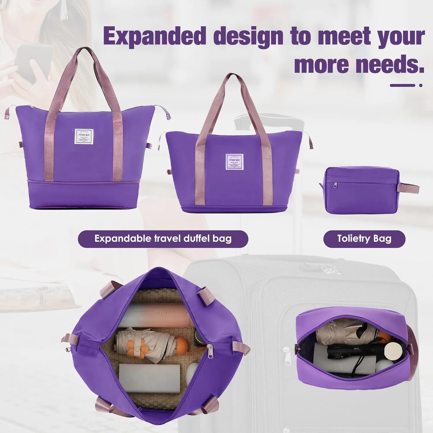 Merax Softside Luggage Set 3 Piece Suitcase with Duffel Bag Spinner Wheels Lightweight Expandable Travel Luggage 22" 26" 30",Purple