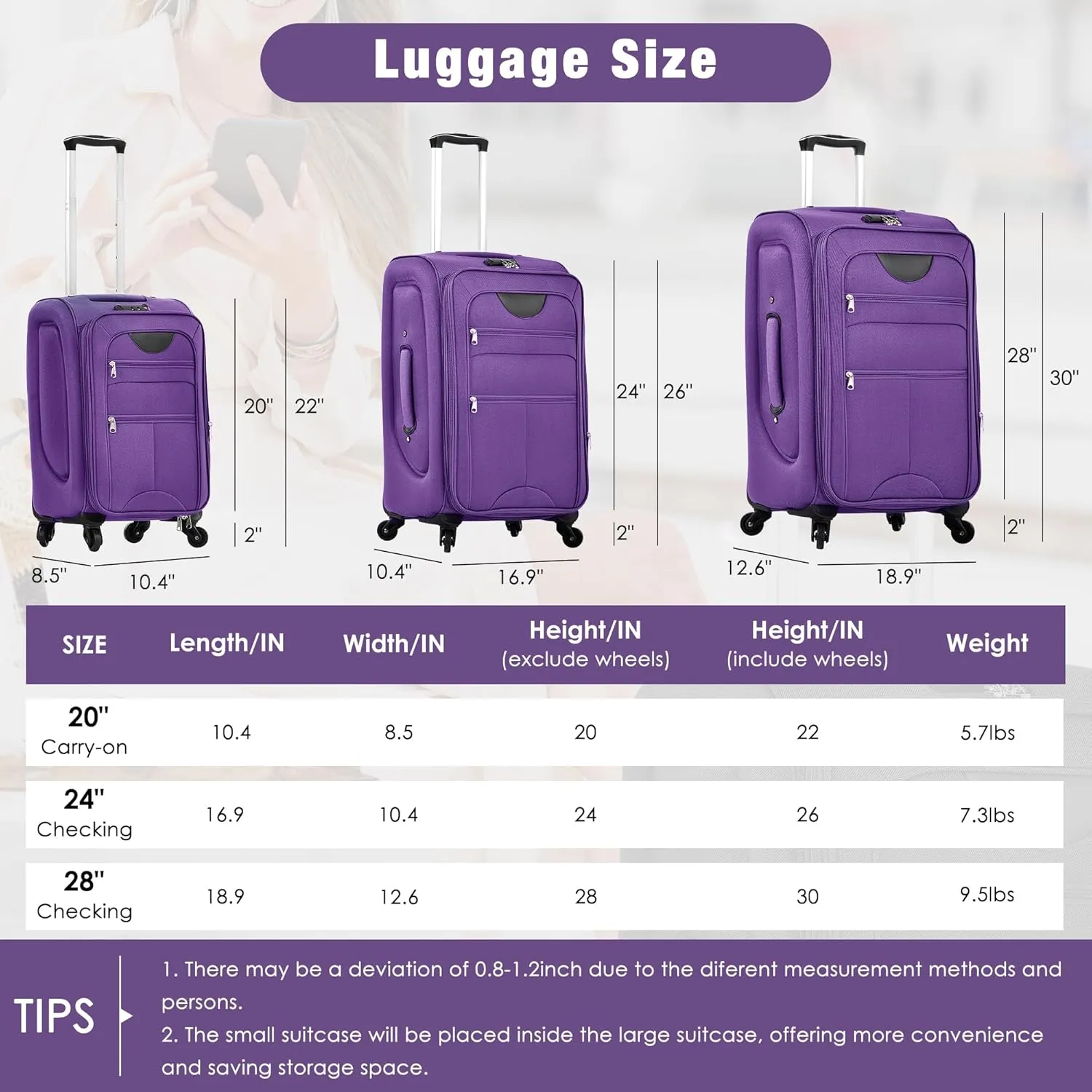 Merax Softside Luggage Set 3 Piece Suitcase with Duffel Bag Spinner Wheels Lightweight Expandable Travel Luggage 22" 26" 30",Purple