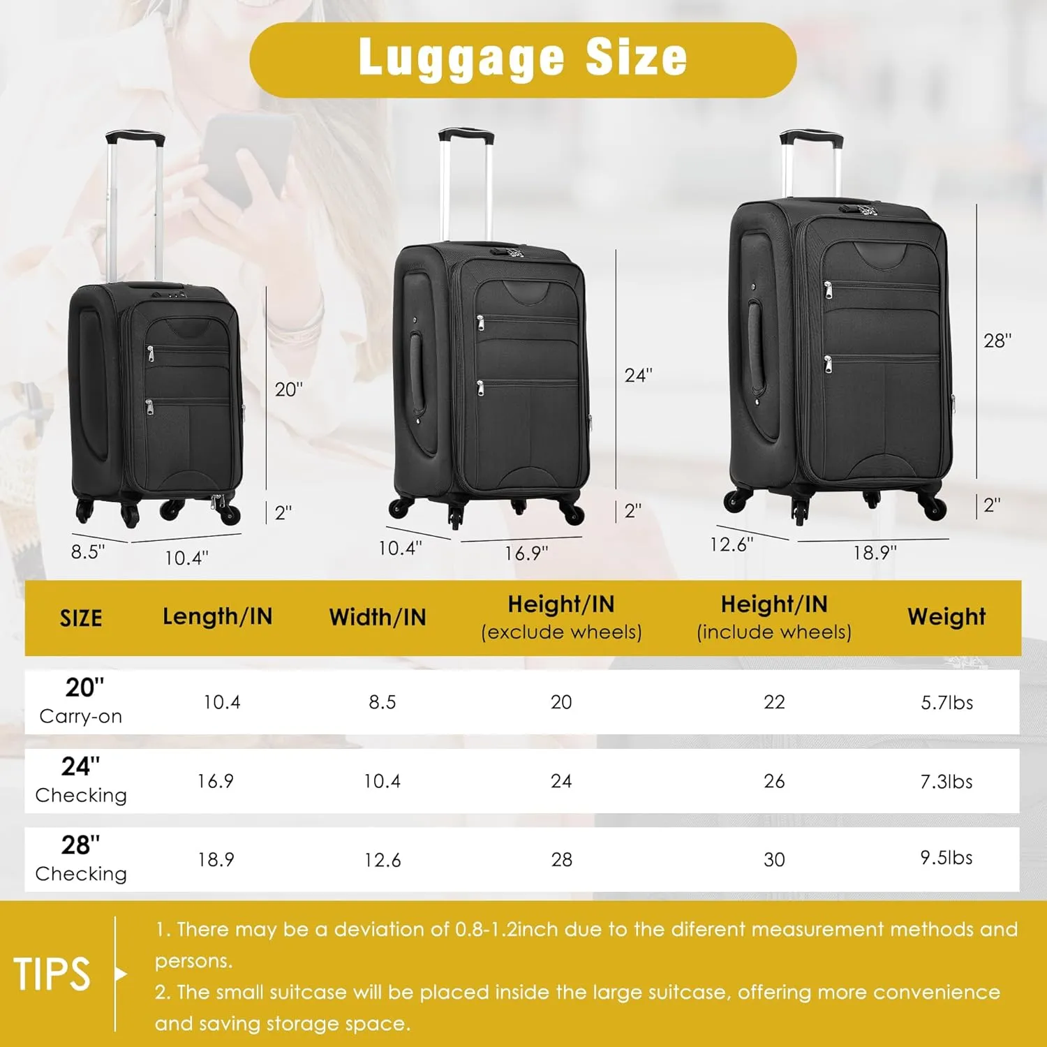 Merax Softside Luggage Set with Duffel Bag Expandable 3-Piece Suitcases Spinner Wheels TSA Lock Lightweight Travel Set Easy Access Pockets Premium 610D Fabric (Softside, Black, (20/24/28/DB/TB))