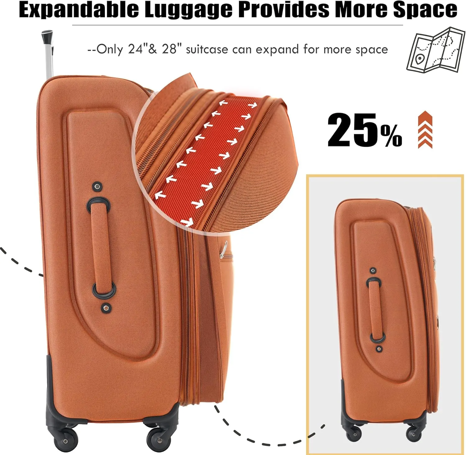 Merax Softside Luggage Set with Duffel Bag Expandable 3-Piece Suitcases Spinner Wheels TSA Lock Lightweight Travel Set Easy Access Pockets Premium 610D Fabric (Softside, Orange, (20/24/28/DB/TB))