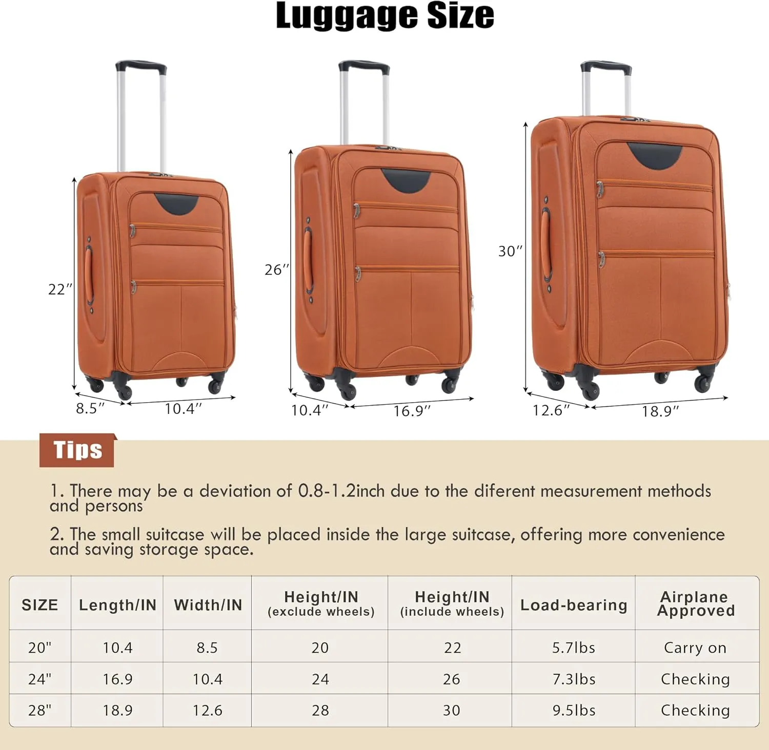 Merax Softside Luggage Set with Duffel Bag Expandable 3-Piece Suitcases Spinner Wheels TSA Lock Lightweight Travel Set Easy Access Pockets Premium 610D Fabric (Softside, Orange, (20/24/28/DB/TB))