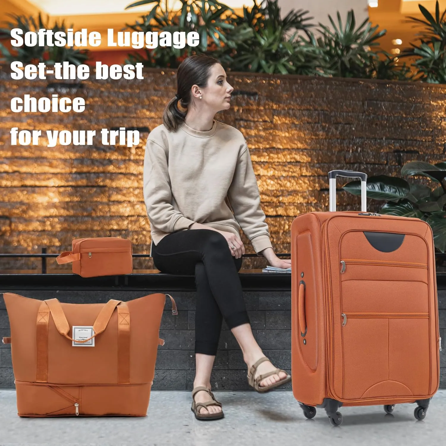 Merax Softside Luggage Set with Duffel Bag Expandable 3-Piece Suitcases Spinner Wheels TSA Lock Lightweight Travel Set Easy Access Pockets Premium 610D Fabric (Softside, Orange, (20/24/28/DB/TB))