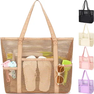 Mesh Beach Bag, Casual Womens Shoulder Handbag, Large Sandproof Beach Tote Bag for Pool/Travel/Vacation Essentials