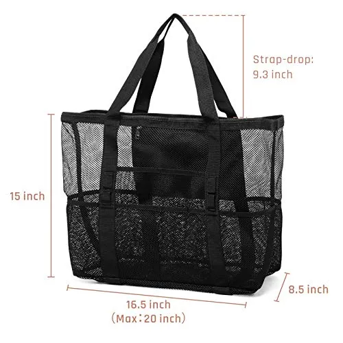 Mesh Beach Bag, F-color Oversize Beach Tote 9 Pockets Beach Toy Bag, Black