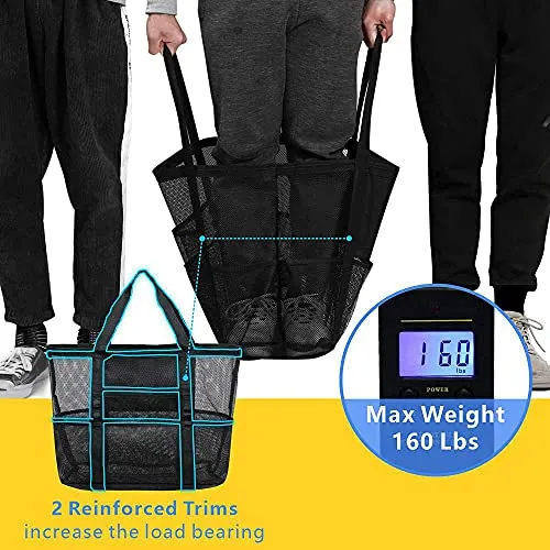 Mesh Beach Bag, F-color Oversize Beach Tote 9 Pockets Beach Toy Bag, Black