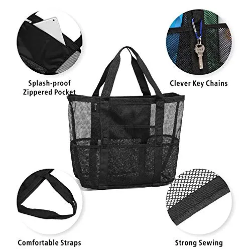 Mesh Beach Bag, F-color Oversize Beach Tote 9 Pockets Beach Toy Bag, Black